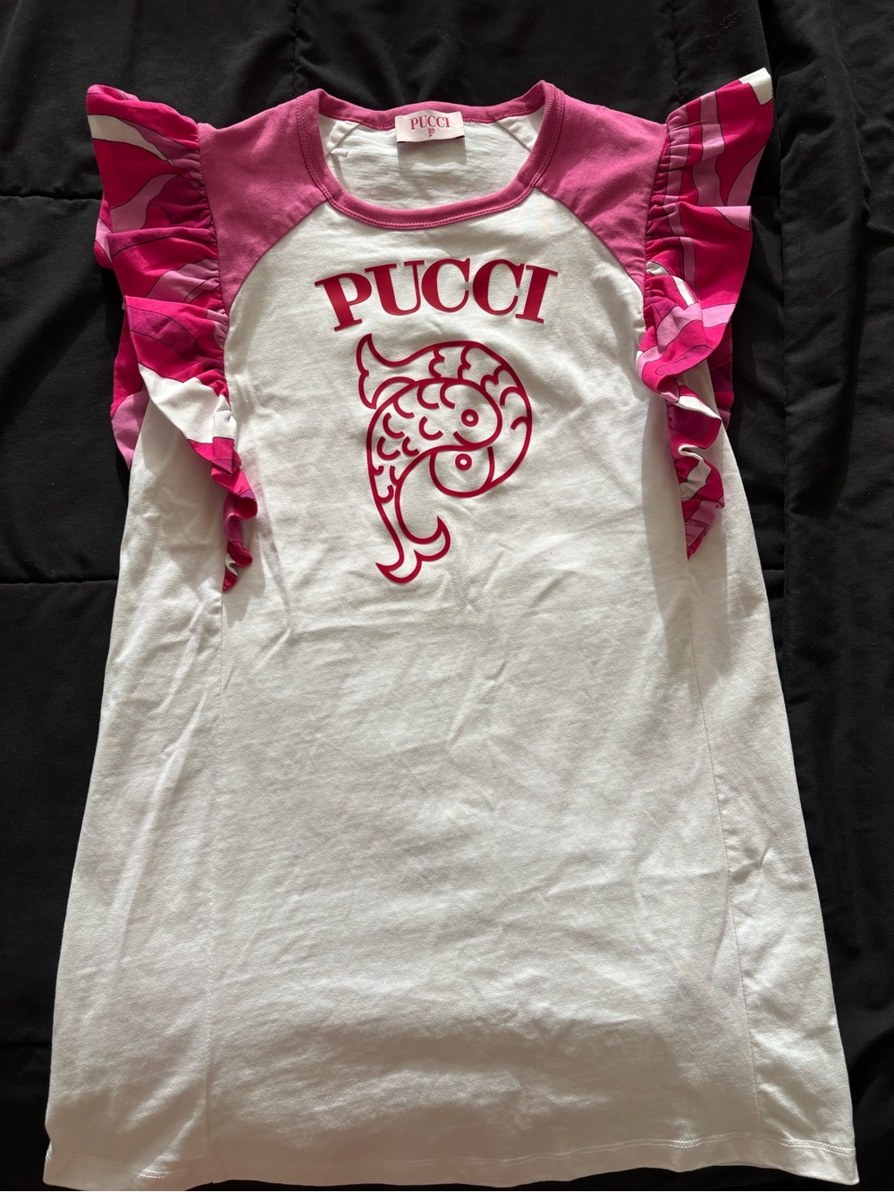 Girls Emilio Pucci White & Hot Pink Ruffle Sleeve Logo Dress (Worn Once)